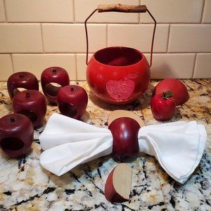 Apple Napkin Rings Holders Set of Six (6) + Wood Apple Half + Candle Holder +